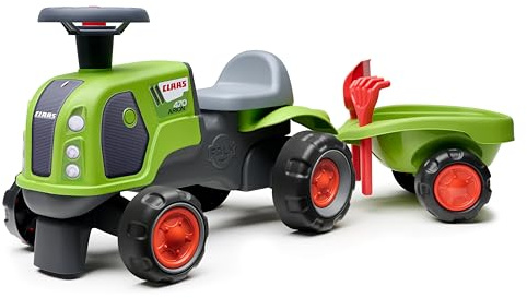FALK Traktor Claas – Grün – leise Räder – Lenkrad mit Hupe – Anhänger mit Zubehör – 90% recycelter Kunststoff – 100 ab 12 Monaten – 312CS