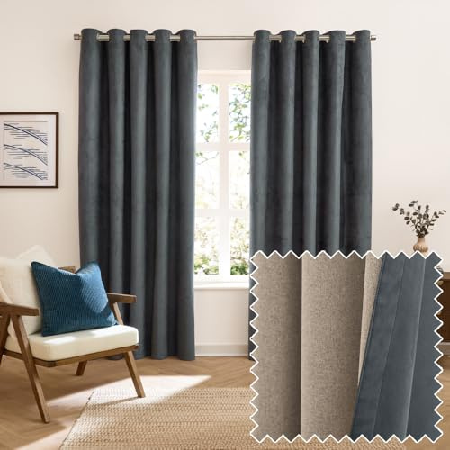 furn. Verso Blackout Ösenschal Paar – Wende Ring Oberlichtblockierende Wildledervorhänge (Benzin – 117x137cm)