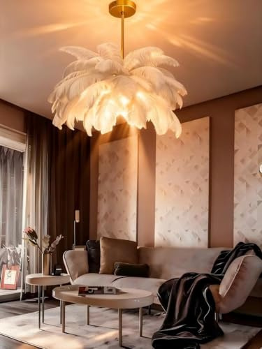 AstrizLamp Lámpara Colgante de Pluma Blanco 100cm Natural Plumas Pantalla de lámpara 3 Temperatura de Color 6*G9 LED Foco, Pluma Luz de Techo Creatividad Decoración para Dormitorio Salón y Comedor