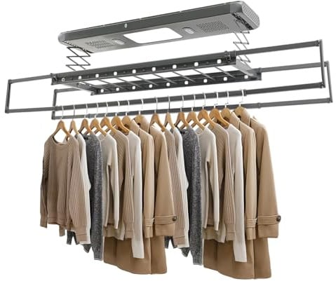 GAOUSD Elektrischer Wäscheständer Deckenmontage Mit Fernbedienung und LED-Licht,Verstellbare Länge und Höhe Wand und Decken Wäscheständer,Für Familien, Balkone, Wohnungen (grau)