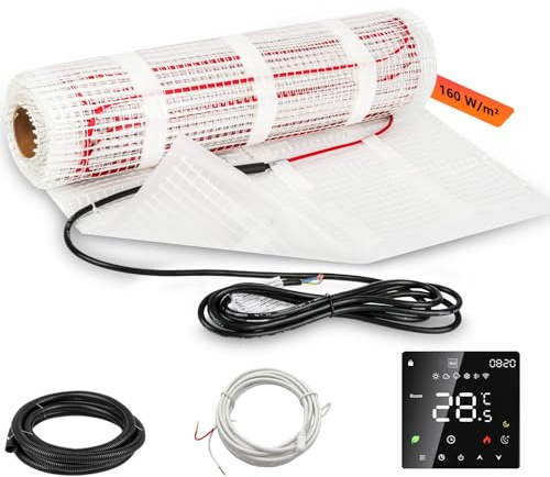 Elektrische Fußbodenheizung 160W/m², 4m x 0.5m (2.0m²), für Fliesen, Laminat, Vinyl & Naturstein, Komplett-Set mit Thermostat, Alu-Heizleiter & 2.5m Kabel, inkl. Installationszubehör (Schwarz)