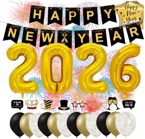 XXL Silvester Deko 2027 Set Neujahrsdeko - Happy New Year Decoration - mit Luftballons, Folienballon Zahlen, Fotorequisitten, Girlande als Dekoration zu Neujahr (Deko Set 01)