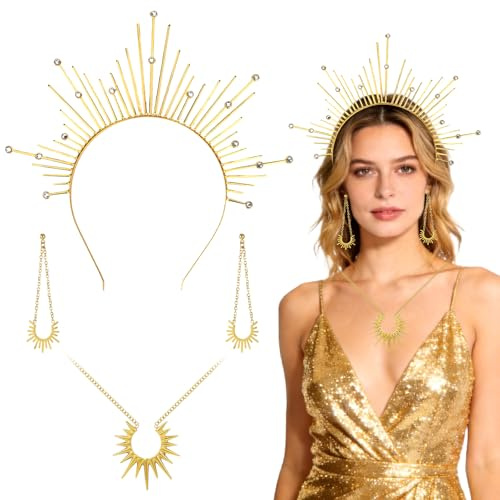 Ruichi 4 Stück Haarreif Sonne Haarreif Gold Haarschmuck, Sonne Halskette, Goldene Göttin Sonnenkrone Kopfschmuck für Frauen, Karnevalskostüme, Cosplay Party, Göttinnen Zubehör Accessoires