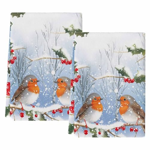 peiyeety Weihnachtliche Geschirrtücher mit Rotkehlchen-Motiv, saugfähig, mit Schneeflocken, Stechpalmenblättern und Beeren, 2er-Set.