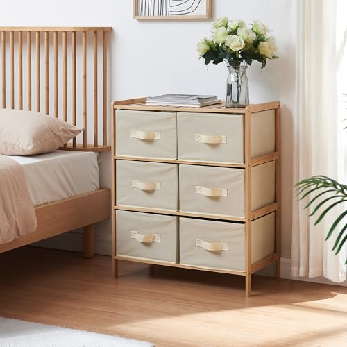 [en.casa] Kommode Maldon mit 6 Stoffschubladen Schubladenschrank 79 x 66 x 35 cm Aufbewahrungsschrank für Schlafzimmer Flur Ankleidezimmer Bambusgestell Natur/Beige