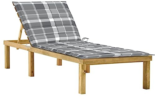 Zentexion Tumbona de madera de pino verde impregnada con diseño de cuadros grises y cojín ajustable plegable para jardín, terraza, balcón, piscina, relajarse y tomar el sol