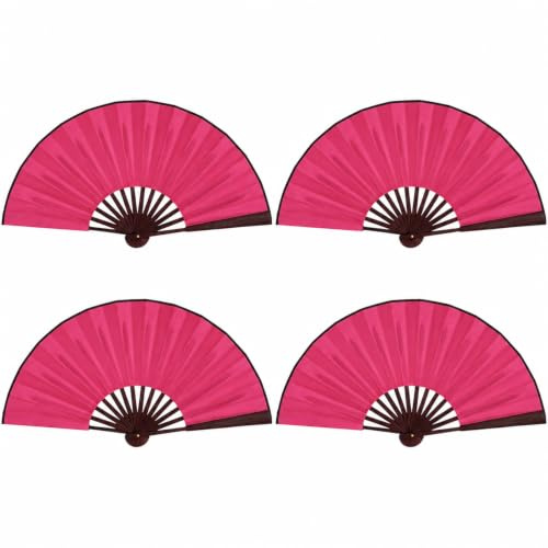 Lot de 4 éventails à main pliants en bambou chinois 26,7 cm (rose rouge)