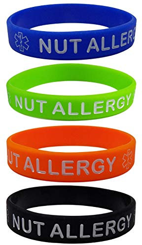 NUT Allergy Silicone Wristbands - Blue, Orange, Green and Black Kid's Sizes (4 Pack) (Small Child Size) …