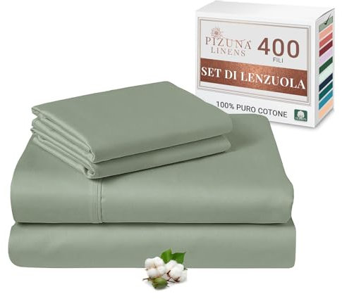 Pizuna Set lenzuola letto matrimoniale Cotone 140x200 cm Saggio, 400 fili con trama Sateen in 100% Cotone a fiocco lungo Biancheria De Letto con 1 lenzuolo con angoli, 1 lenzuolo sopra, 2 federe