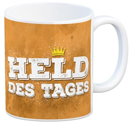 trendaffe Kaffeebecher mit stolzem Helden Motiv und Spruch: Held des Tages
