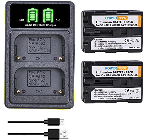 PowerTrust 2-Pack 1800mAh NP-FM500H Battery and Type-C Charger for Sony SLT A99 II, A99, A65, A58, A77 II, A77V, A57, A450, A500, A550, A560, A580, A850, A900, A200, A300, A350