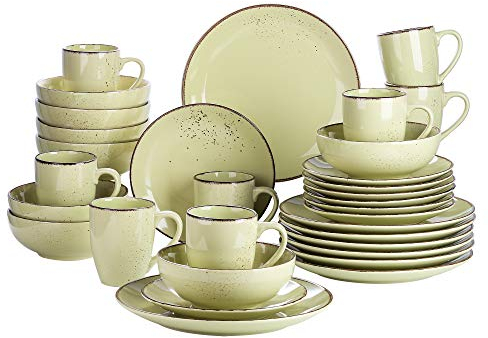vancasso Navia Prato Dinner Set, Stoneware Vintage Look Yellow Green Dinnerware Tableware, 32 Pieces Dinner Service Set for 8, Include Dinner Plate, Dessert Plate, Cereal Bowl and Mug.