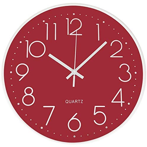 Outpicker Reloj de Pared Moderno de 30 cm silencioso sin tictac, Funciona con Pilas, Decorativos de Pared para decoración de Salon/Cocina/Oficina (Rojo)