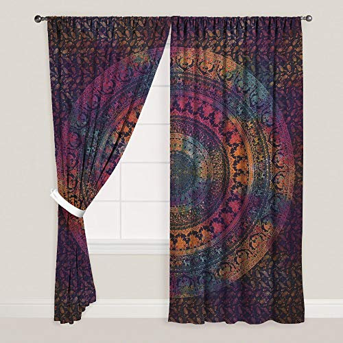 Sophia-Art Hippie Elefant Wohnkultur Fenster Indische Vorhänge 2-teiliges Set Balkon Sheer & Volant Schlafzimmer Handgemachte Wandbehang Raumteiler Baumwolle Bohemian Mandala Vorhang (Multi