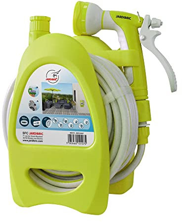 Jardibric - Dévidoir d'Arrosage Portable avec Tuyau Ø10 mm x 10 m - Pistolet 7 Jets + Nez de Robinet + Raccords Inclus - Enrouleur Compact pour Jardin, Balcon et Terrasse - Prêt à l’Emploi