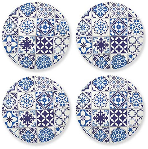 Lot de 4 dessous de verre en forme de carreaux de Lisbonne, antidérapants, résistants à la chaleur, absorbants avec base en liège, tapis de tasse rond pour cuisine, bar, café, décoration - Cadeau
