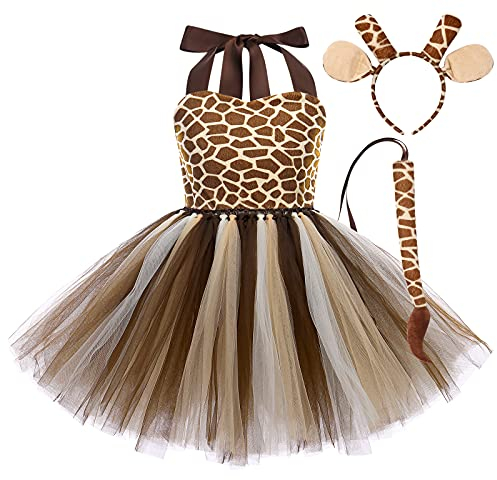OBEEII Tierkostüm-Set, Tiger/Leopard/Kuh/Zebra/Giraffe, Verkleidung mit Haarreif, Schwanz, Kostüm, für Halloween, Cospaly, Geburtstag, Weihnachten, Bühnenauftritt, giraffe, 9-10 Jahre
