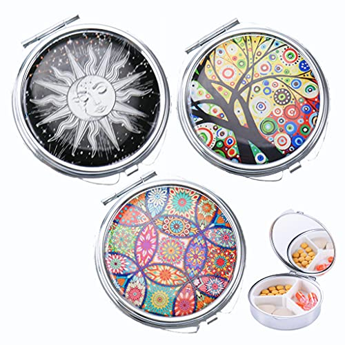 Ohaoduo 3 Stück Metall Pillendose Rund, Kleine Pill Box 3 Fächer Tragbare Reise Pillendose Vintage Muster mit Spiegel Vitamine Medizin Tablet Organizer Case für Tägliche und Reise