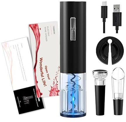 TEBIKIN Electric Wine Opener Rechargeable Wine Bottle Opener Set Type-C Port Automatic Corkscrew with Vacuum Stopper Pourer Foil Cutter Wine Accessories Gifts Father's Day