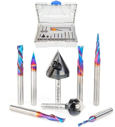 Amana Tool AMS-257 8-Pc General Purpose CNC Router Bit Set Packed in Stackable Plastic Case, 1/4 Inch Shank