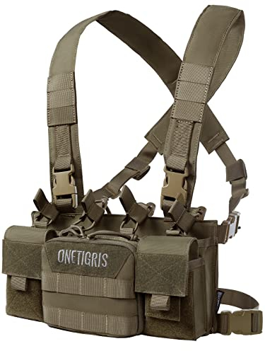 OneTigris Gilet tactique, Chest Rig Réglable Molle Tactique Airsoft Gilet Imperméable pour les jeux CS, les fans militaires et les jeux de chasse Airsoft, Coyote, L