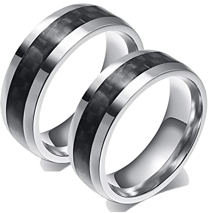 ANAZOZ 2 Stück Eheringe Paarpreis Edelstahl 8mm Kohlefaser Bicolor Poliert Ringe Trauringe Damen Ringe Herren Ringe Silber Schwarz Verkleinern Frau:70 (22.3) & Mann:65 (20.7)
