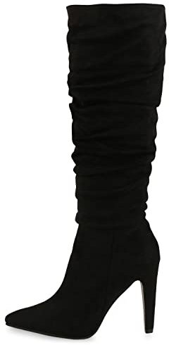 VAN HILL Damen High Heels Stiefel Leicht Gefütterte Stiletto Slouch Boots Wildleder-Optik Schuhe Klassische Absatzschuhe 610600 Schwarz 39