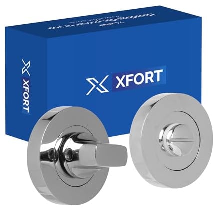 XFORT Serratura cromata lucida – Kit serratura porta del bagno – Meccanismo di rotazione e rilascio del pollice ideale per serrature interne in legno