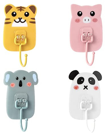 4 Pcs Wall Hooks Cartoon Self Adhesive Hooks Wall Mounted Coat Hooks for Kids Hanging Keys Towels Hats