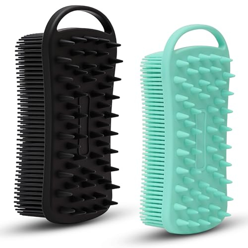 Lot de 2 brosses exfoliantes 2 en 1 en silicone pour le bain, la douche et le bain, luffa en silicone souple pour peaux sensibles, masseur de cuir chevelu, facile à nettoyer, mousse bien (noir et vert