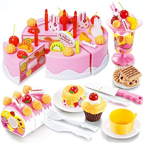 Geburtstagstorte Spielzeug für Kinder Geburtstagskuchen Kinderküche Zubehör 75PCS Lebensmittel Spielzeug Kochen und Einkaufen – aus Kunststoff gestanztes Spielzeug Geschenk für Kinder 3 4 5 6