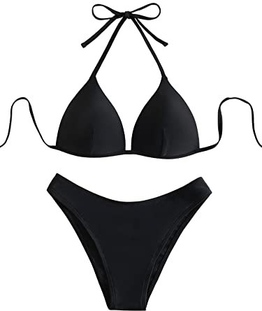 GORGLITTER Damen Push Up Bikini Sets Triangel Bademode Neckholder Swimsuit Zweiteiligwe Badeanzug Schwarz S