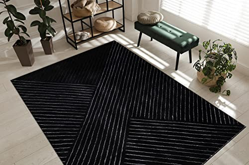 rugsx Exklusiv Emerald Teppich Glamour – Stilvoll, Geometrisches Linien Design Schwarz/Silber 80x150 cm Modern Teppich für Wohnzimmer