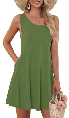 AUSELILY Sommerkleid Damen Rundhals Knielang Freizeitkleider Strand Trägerkleid mit Taschen Armee grün,2XL