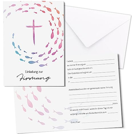 15er Set Einladungskarten zur Firmung - Klappkarten in DIN A6 mit 15 Umschlägen mit Kreuz in Bunt - vorausgefüllt mit Lückentext - Einladungskarte und zur Firmung - dv1205