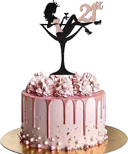SYKYCTCY 1 Pack Happy 21th Birthday Cake Topper Glitter Heels Girls Bachelorette Cake Pick Cake Decorations for Girls Ladies Twenty-One Years Old Birthday Theme Party Supplies Rosegold