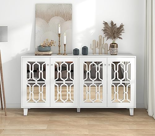 SideBoard, Kommode Anrichte Sideboard holz flur,Wohnzimmer Schrank,Weiß verspiegelte Anrichte mit kühlen Kristallgriffen, Vier Türen, mit beweglichem Laminat.für Wohn- und Esszimmer, 160 x 40 x 84cm