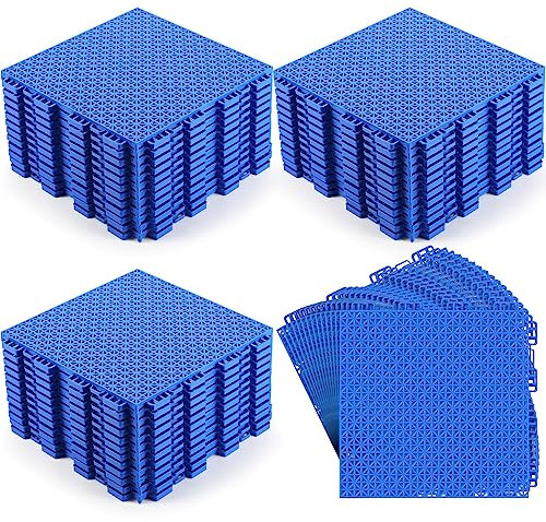 Huwena 50 Pcs Modular Interlocking Cushion 10 x 10 Inch Non Slip Pool Floor Mat Blue Interlocking Rubber Bathroom Flooring Tiles Drainage Mat with Hole for Drain Deck Pool Patio Balcony Shower Kitchen