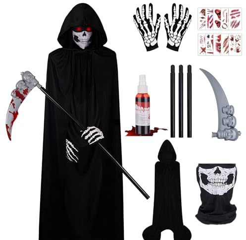 IWTBNOA Sensenmann Kostüm Set Mit Kapuze, Schädelmaske, Sense, Handschuhen und 10 Tattoo Aufkleber - Schwarz Umhang für Halloween Cosplay Erwachsene