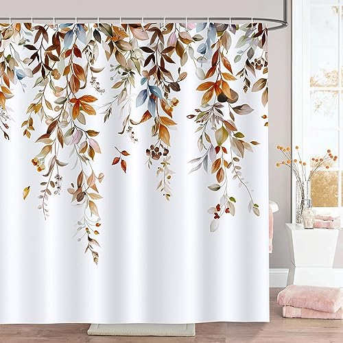 Bonhause Tenda Doccia Foglie Autunnali Acquerello Pianta Marrone Tende per Doccia in Poliestere Impermeabile Antimuffa Lavabile Tende Bagno 180 x 180 cm con 12 Ganci