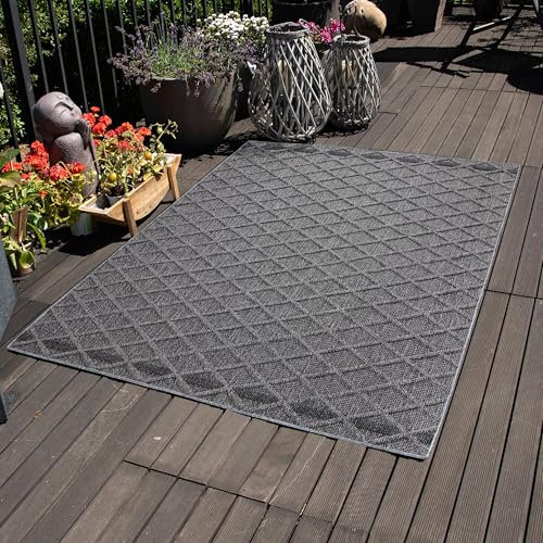 Carpettex Outdoor Teppich Wetterfest 200x300 (200 x 290 cm) Sisaloptik Grau - Ideal für Balkon, Garten, Terrasse, Camping und als Küchenteppich - Waschbarer Teppich, Rauten Design, Flachgewebe