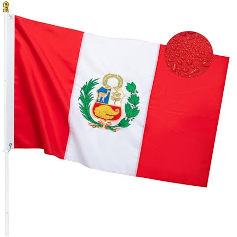 DANF Peru-Flagge für den Außenbereich, 90 x 150 cm, gesticktes Bild und genähte Streifen, peruanische Nationalflaggen, strapazierfähiges Nylon mit Messingösen, 90 x 152 cm
