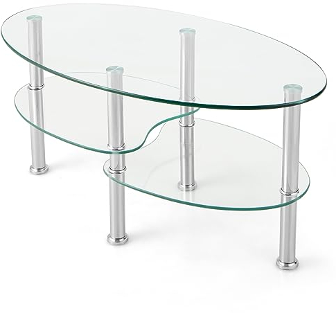 Giantex Mesa de Centro de Cristal Templado Ovalada con 3 Estantes de Cristal y Patas de Acero Inoxidable, Pies con Almohadillas, Mesa de Café Moderna, 89x50x45 cm, para Oficina, Salón (Transparente)