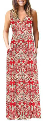 AUSELILY Ete Robe Longue Femme Maxi Robe V Col sans Manches avec Poches Bohème Floral Rouge S