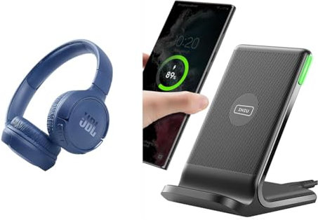 JBL Tune510BT - Wireless on-ear headphones featuring Bluetooth 5.0, up to 40 hours battery life and speed charge, in blue & INIU Wireless Charger, 15W Fast Wireless Charging Stand Qi Certified