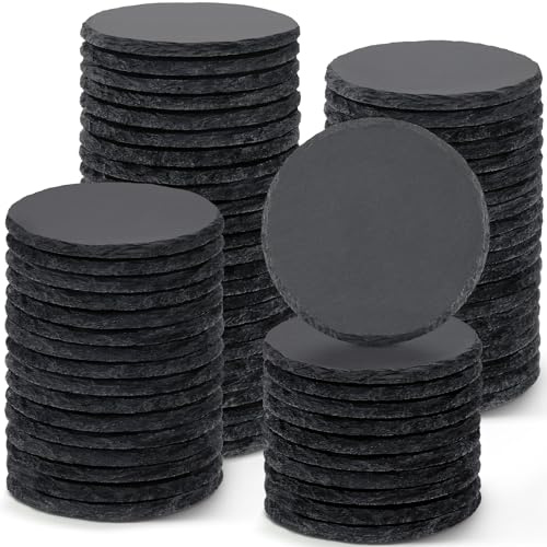 MAPRIAL Lot de 72 Dessous de Verre Ronds en Ardoise pour Boissons, sous-Verre Ronds en Pierre Noire Rustique de 10 cm, Ébauches pour Gravure Laser pour Cadeaux, Mariage, Décoration Intérieure, Bar