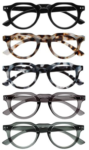 OPULIZE RIO Lesebrille mit Blaulichtfilter - 5er Pack - Runder Rahmen - Schwarz, Braun & Blau Schildpatt, Grün, Grau - Damen & Herren - BBBBB53-12367 - +2.50