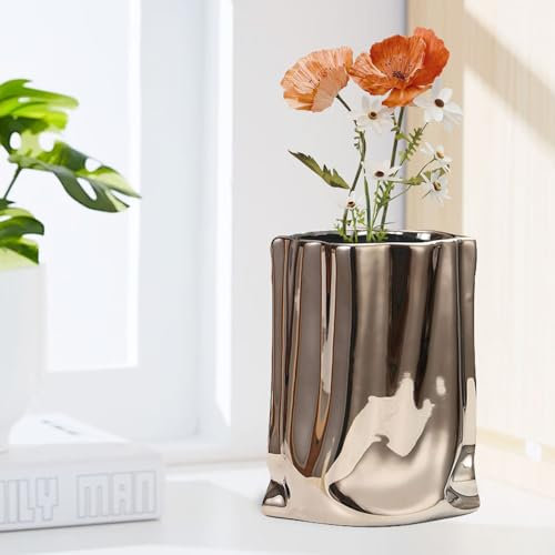 Keramikvase Unregelmäßige, Vase Silber, Blumenvase Modern, Kreative Deko Vasen, Dekovasen für Tischdekoration, Tafelaufsätze, Eingangsregal, Wohnzimmer