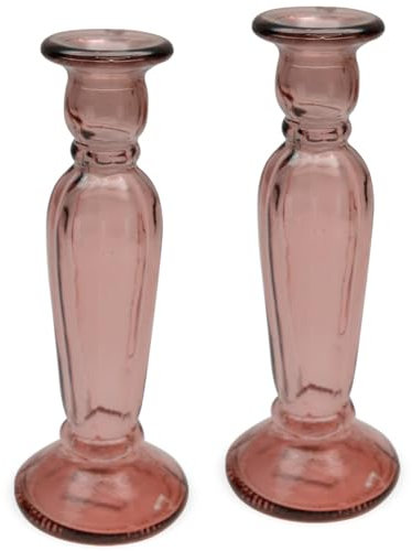 Moderne Kerzenständer aus Glas für Stabkerzen - Vintage Stabkerzenhalter Set in rosa Glasdeko zum Hinstellen - Kerzenhalter Tischdeko Ø 8 x 22 cm Wohnzimmer, Schlafzimmer Deko im Landhausstil