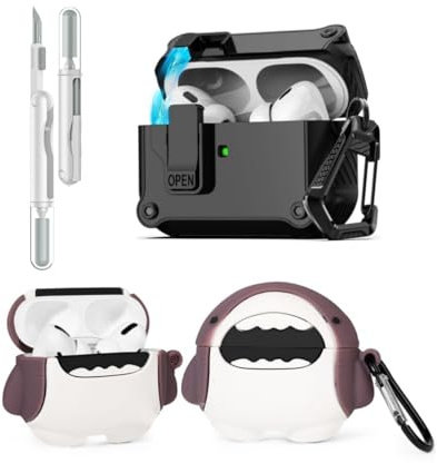 LEWOTE 3 in 1 Kompatibel mit Apple Airpods Pro(2nd/1st Generation) Schützende Lustige Nette Fall Abdeckung mit Reiniger Kit Schlüsselanhänger (Shark)